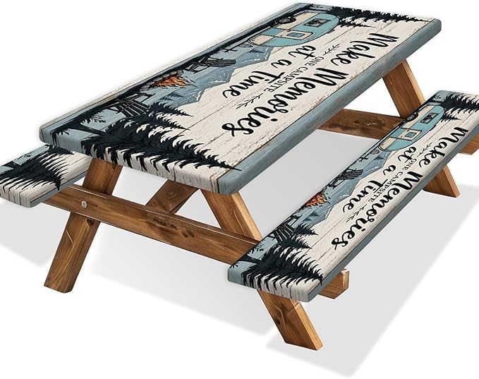 Picnic Table Cover with Bench Covers and Bag, Rustic Farmhouse Camper & Mountain Wood Print Waterproof Fitted Camping Tablecloths with Elastic Edges for Indoor, Outdoor & Garden, 3 Pcs Set 30x96 Inch