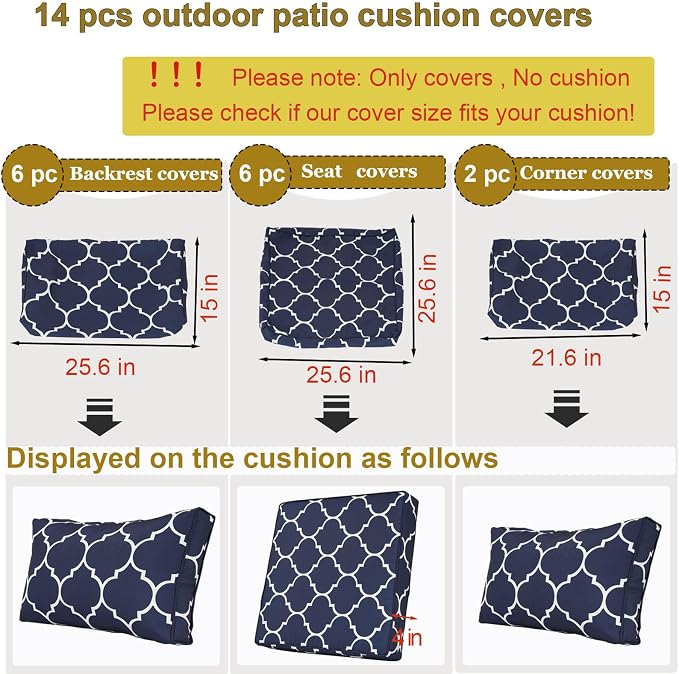 14 Piece Outdoor Patio Cushion Cover Replacement, Waterproof Patio Cushion Covers, Outdoor Furniture Cushion Covers Set for 6 Seat Wicker Rattan Sofa (Blue Grid)