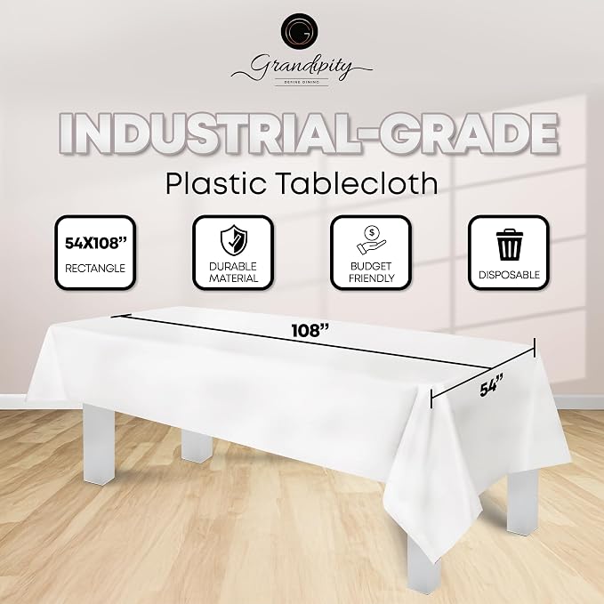Grandipity 12 Pack Premium Disposable Plastic Tablecloth 54 Inch. x 108 Inch. with 0.3mm Thickness Table Cover - White