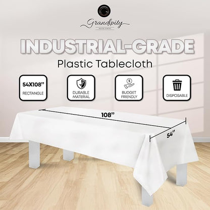 Grandipity 12 Pack Premium Disposable Plastic Tablecloth 54 Inch. x 108 Inch. with 0.3mm Thickness Table Cover - White