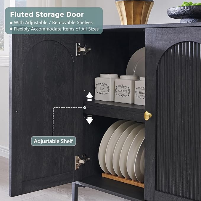 IFGET Modern Buffet Cabinet with Storage, 34" Tall Fluted Arched Sideboard Cabinet w/Adjustable Shelves, Wooden Modular Coffee Bar for Dining Room, Kitchen, Living Room, Entryway, Dark Grey