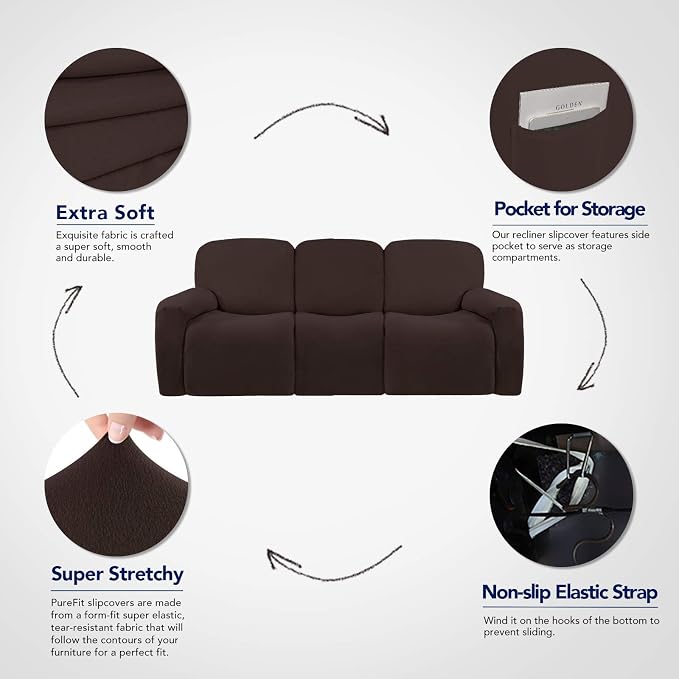 PureFit Super Stretch 3 Seats Recliner Sofa Couch Cover with Pocket | Non Slip Soft Sofa Slipcover, Washable Spandex Reclining Furniture Protector for Kids, Pets (Recliner Sofa, Chocolate)