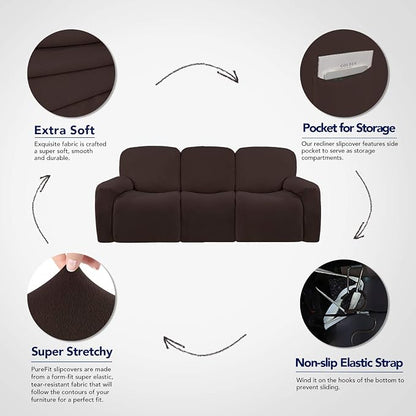 PureFit Super Stretch 3 Seats Recliner Sofa Couch Cover with Pocket | Non Slip Soft Sofa Slipcover, Washable Spandex Reclining Furniture Protector for Kids, Pets (Recliner Sofa, Chocolate)