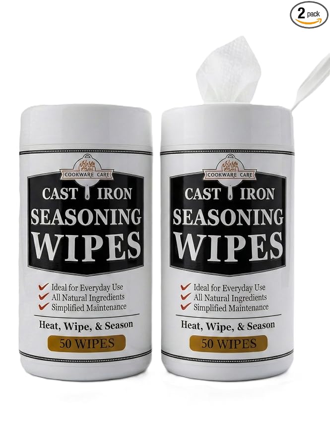 Cookware Care Cast Iron Seasoning & Cleaning Oil Wipes – Seasons, Cleans & Conditions Cast Iron Skillet, Carbon Steel & Blackstone Griddle | 100 Wipes, Made in USA with Grapeseed Oil (2 Pack)