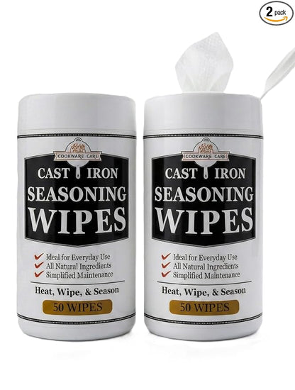 Cookware Care Cast Iron Seasoning & Cleaning Oil Wipes – Seasons, Cleans & Conditions Cast Iron Skillet, Carbon Steel & Blackstone Griddle | 100 Wipes, Made in USA with Grapeseed Oil (2 Pack)
