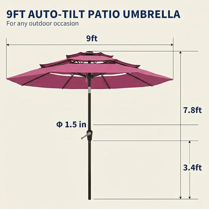 10FT Patio Umbrella 3 Tiers Outdoor Market Umbrella w/Push Button Tilt, Crank, UV and Waterproof Table Umbrella for Garden, Pool, Backyard, Deck, Lawn, Rose Pink