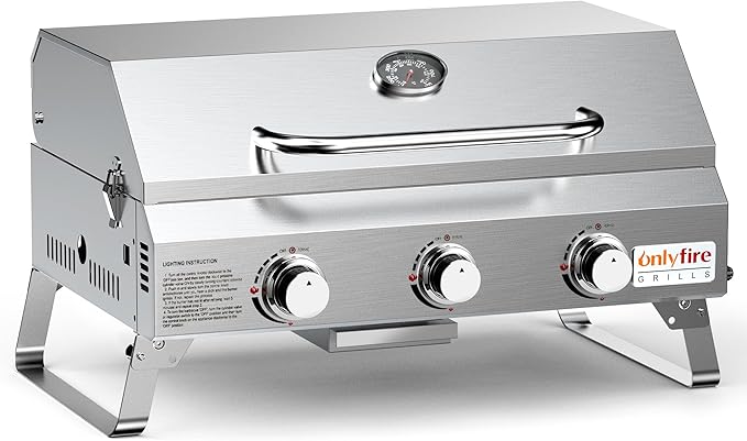 Tabletop Gas Grill 3 Burners, Portable Propane BBQ Grill with Foldable Legs & 22" Stainless Steel Grate for Outdoor Patio Backyard Barbecue, Camping Tailgating RV, 24000BTU High Output, Classic GS307