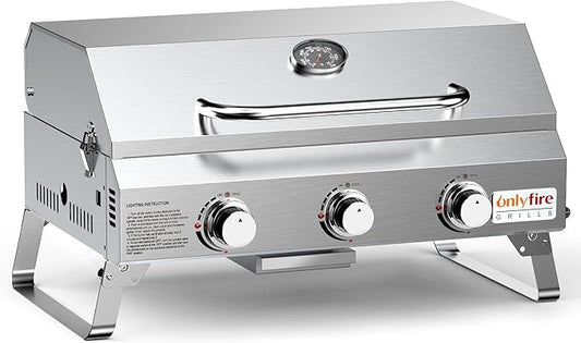 Tabletop Gas Grill 3 Burners, Portable Propane BBQ Grill with Foldable Legs & 22" Stainless Steel Grate for Outdoor Patio Backyard Barbecue, Camping Tailgating RV, 24000BTU High Output, Classic GS307