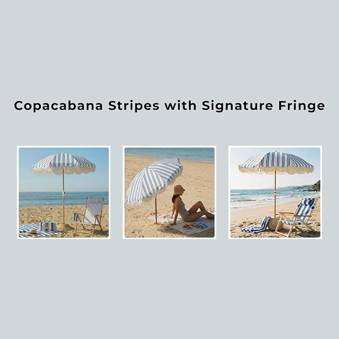 6FT Striped Fringe Beach Umbrella, Sand Anchor, UPF 50+ Sun Shade | Adjustable Tilt & Portable Design, Coastal Umbrella for Beach & Patio, Heritage Ocean Blue Stripe