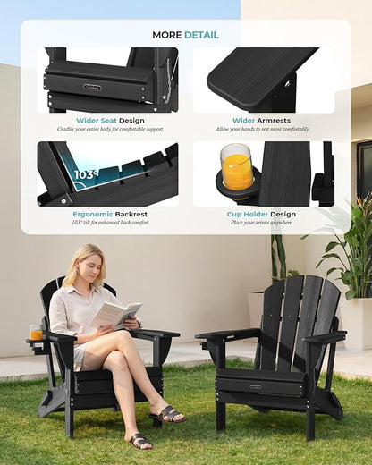 Ciokea Folding Adirondack Chair 6 Pack, Patio Adirondack Chair Weather Resistant, Plastic Fire Pit Chair with Cup Holder, Lawn Chair for Outdoor Porch Garden Backyard Deck (Black)