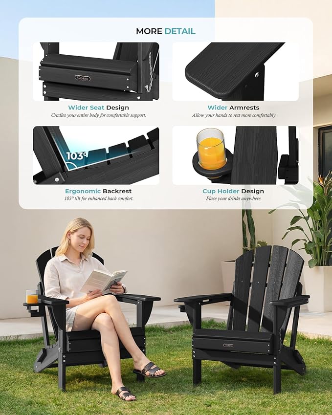 Ciokea Folding Adirondack Chair Wood Texture 2 Pack, Patio Adirondack Chair Weather Resistant, Plastic Fire Pit Chair with Cup Holder, Lawn Chair for Outdoor Porch Garden Backyard Deck (Black)