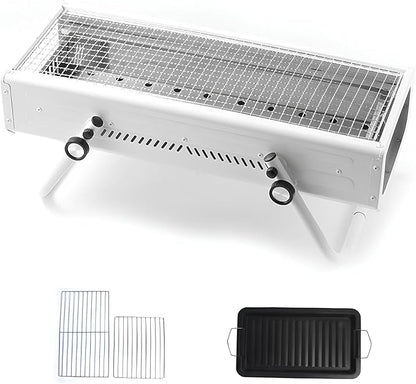 Portable Charcoal BBQ Grill with Foldable Legs Easy to Clean Iron Design Removable Charcoal Tray Ideal for 4 7 People Perfect for Outdoor Cooking (White)