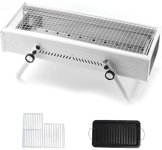 Portable Charcoal BBQ Grill with Foldable Legs Easy to Clean Iron Design Removable Charcoal Tray Ideal for 4 7 People Perfect for Outdoor Cooking (White)