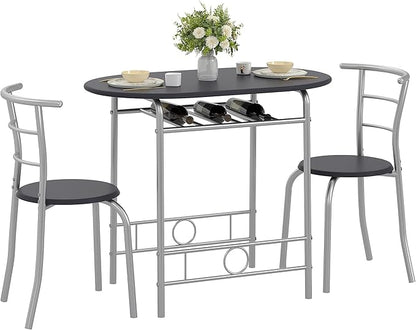 VECELO 3-Piece Dining Table Set for Kitchen Breakfast Nook, Wood Grain Oval Tabletop and Metal Frame with Built-in Wine Rack, for Small Spaces, Black & Silver