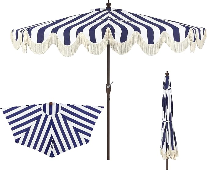 JONATHAN Y Beverly 9 ft. Striped Half Umbrella, Navy/Dark Brown | Coastal Scalloped Fringe, Crank Lift, 30 Degree Manual Tilt, UV 50 Polyester Canopy, Aluminum Frame, Space Saving Design