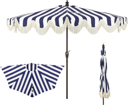 JONATHAN Y Beverly 9 ft. Striped Half Umbrella, Navy/Dark Brown | Coastal Scalloped Fringe, Crank Lift, 30 Degree Manual Tilt, UV 50 Polyester Canopy, Aluminum Frame, Space Saving Design