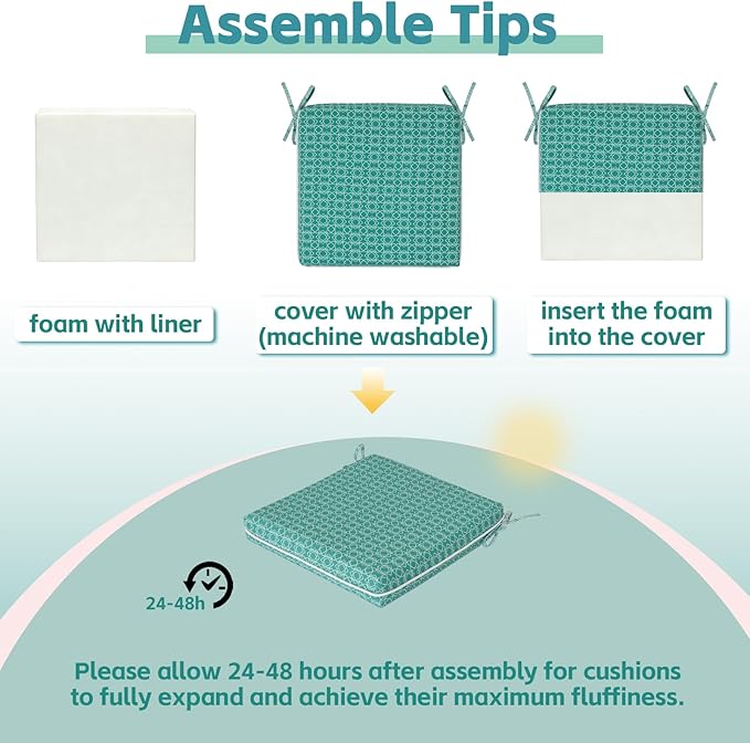 COZYVIDA Outdoor Chair Cushions Set of 4, 20"x20" Square Seat Pads with Tie Straps and YKK Zippers, 30D High-Density Foam, Water-Resistant Fabric,UV-Resistant 1000+ Hrs