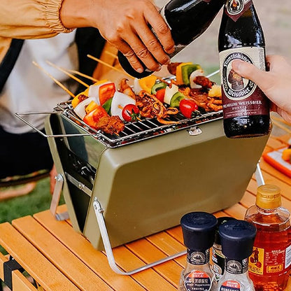Portable Charcoal BBQ Grill, Foldable Suitcase Style, Adjustable Grill Rack, for Camping, Picnic, and Outdoor Use