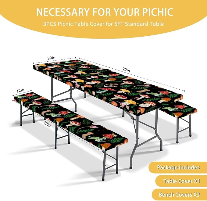 JAWO Black Picnic Table Cover with Bench Covers Elastic Edges Camping RV Essentials Waterproof Windproof Outdoor Fitted Tablecloth Rectangle Camping Tables and Seats, 30x96in