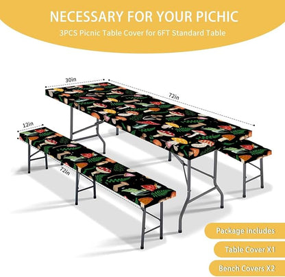 JAWO Black Picnic Table Cover with Bench Covers Elastic Edges Camping RV Essentials Waterproof Windproof Outdoor Fitted Tablecloth Rectangle Camping Tables and Seats, 30x96in