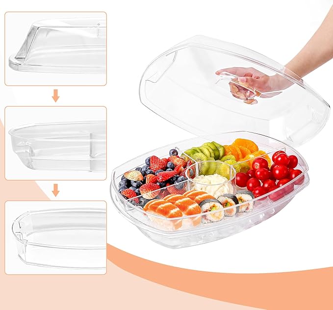Fruit Ice Serving Tray, Chilled Veggie Tray, Shrimp Cocktail Serving Dish, Appetizer Serving Platter for Parties, with Lid and 4 Compartments
