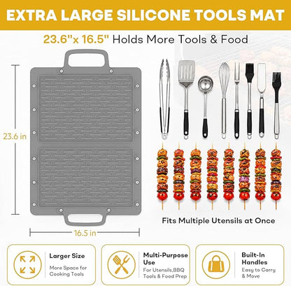 Portable Outdoor Silicone Grill Mat, Foldable Heat-Resistant Table Mat & BBQ Side Shelf Tool Pad with Snap Buttons, Converts into Storage Bag for Utensils and Food, Food-Grade, Non-Slip(Gray)