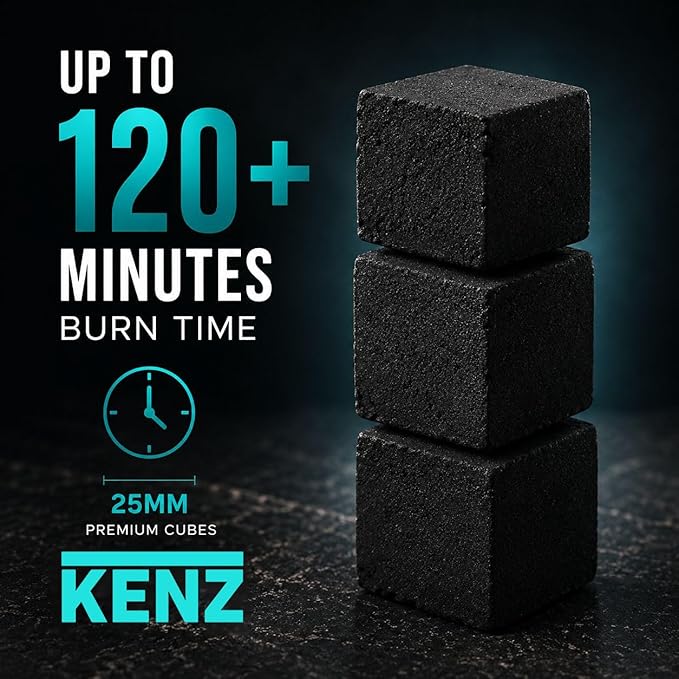 KENZ Coconut Charcoal Cubes 25 mm — 100% Natural, Low Ash, 72 pcs