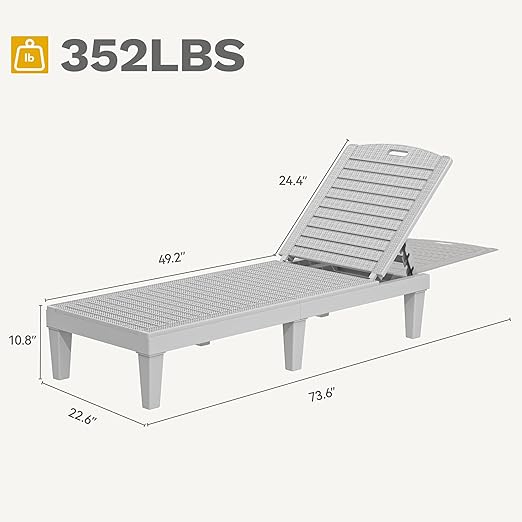 DWVO Outdoor Plastic Chaise Lounger, Poolside Lounge Chair w/5-Position Adjustable Backrest, Waterproof & Easy Setup for Patio, Poolside, Garden (Grayish-White, 1 PC)