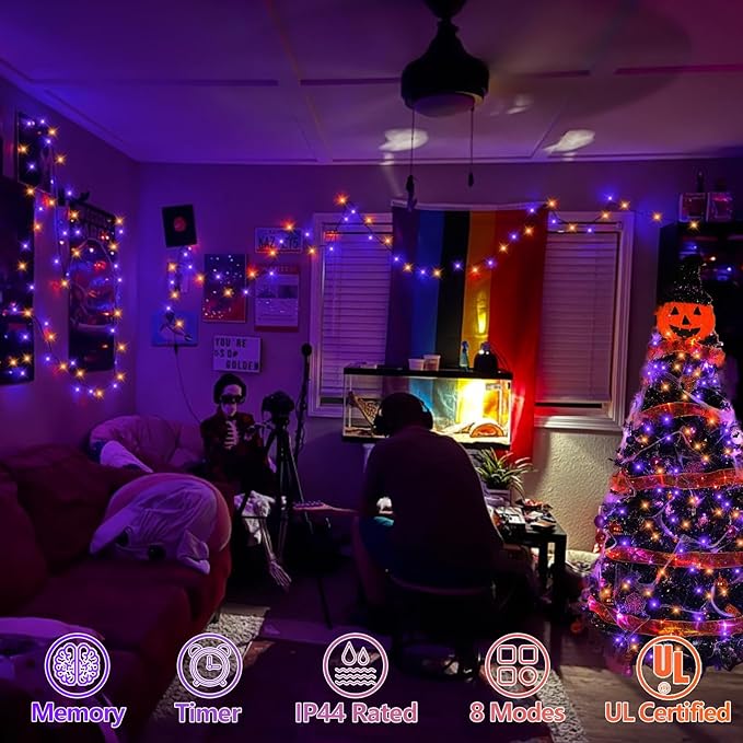 YEGUO 165ft 500 LED String Lights Outdoor Waterproof, Orange and Purple Christmas Lights Indoor, Green Wire Christmas Tree Lights Plug in with Timer Memory 8 Modes