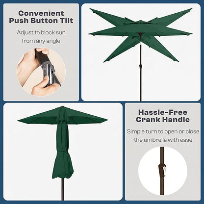 Outdoor Patio Umbrella, 2 Tiers Market Table Umbrella with 8 Sturdy Ribs, Push Button Tilt and Crank, UPF50+ UV Protection for Deck, Pool, Garden and Backyard