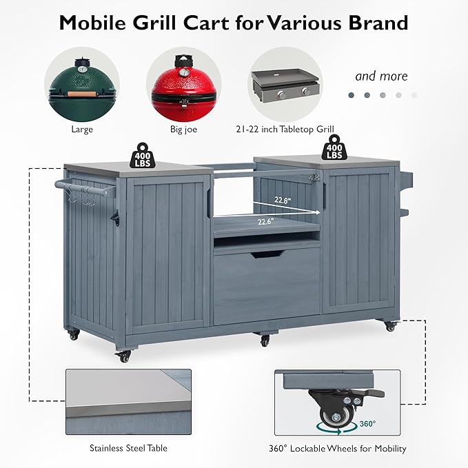 LUMISOL Outdoor Grill Cart for Big Green Egg Grills, 66.5" Solid Wood Outdoor Kitchen Island with Stainless Steel Top, Rolling Kitchen Cart with Internal Storage Rack, Spice & Towel Rack, Grey Blue