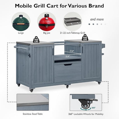LUMISOL Outdoor Grill Cart for Big Green Egg Grills, 66.5" Solid Wood Outdoor Kitchen Island with Stainless Steel Top, Rolling Kitchen Cart with Internal Storage Rack, Spice & Towel Rack, Grey Blue