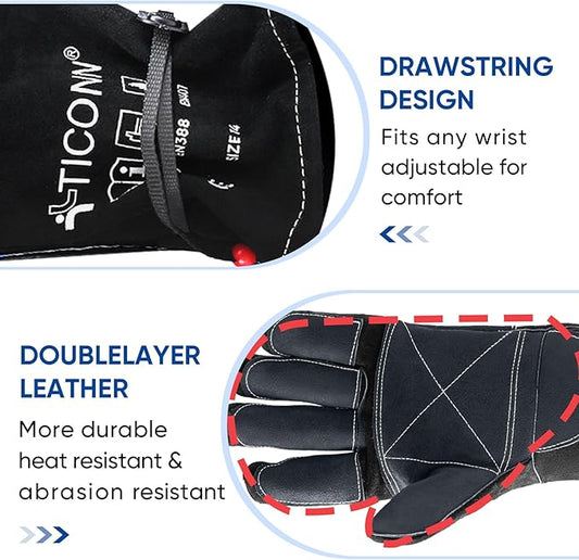 TICONN Welding Gloves, 16 IN L/XL/XXL 1000°F Heat-Resistant Fireproof Leather Gloves for Welders, Stick, Forge, Mig, Tig, BBQ