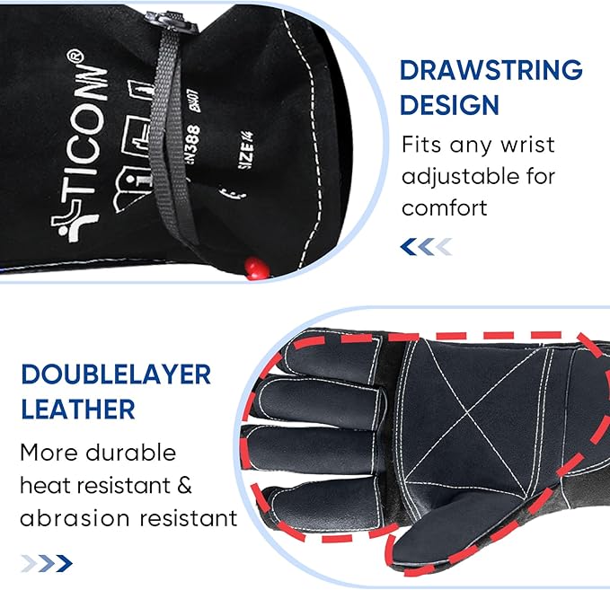 TICONN Welding Gloves, 16 IN L/XL/XXL 1000°F Heat-Resistant Fireproof Leather Gloves for Welders, Stick, Forge, Mig, Tig, BBQ