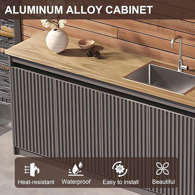87IN Outdoor Kitchen Cabinet - Kitchen Cabinet with Countertop Includes Stripe Design & Mop Pool,Outdoor Table with Aluminum Alloy,Stainless Steel Sink and Slate Countertop,Hidden Handle