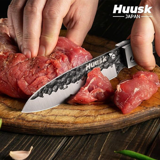 Huusk Japanese Folding Santoku Knife - Pocket Chef Knife with Hand Forged Blade - Portable Kitchen Knives for BBQ, Camping and Travel - Gift for Men and Women