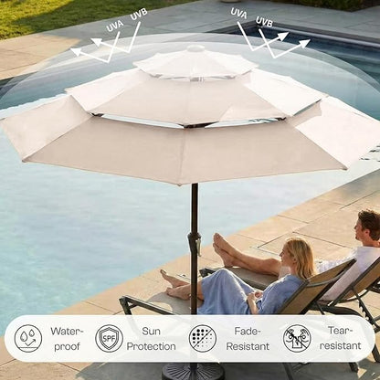 10ft 3-Tier Patio Umbrella with 32 Solar Powered LED Lights, Windproof Outdoor Market Umbrella for Deck, Poolside & Garden, Sturdy Push-Button Tilt Table Umbrella, Beige