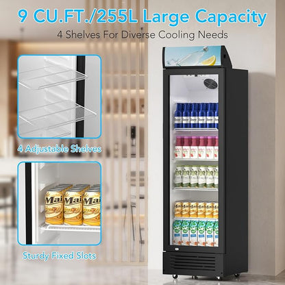 Electactic 9.1 Cu.Ft Commercial Refrigerators, Display Refrigerator with Double-Tempered Glass Door, Commercial Display Fridge with 4 Adjustable Shelves & LED Light, for Shops, Restaurants, Bars