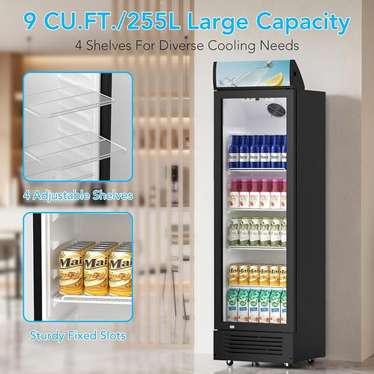Electactic 9.1 Cu.Ft Commercial Refrigerators, Display Refrigerator with Double-Tempered Glass Door, Commercial Display Fridge with 4 Adjustable Shelves & LED Light, for Shops, Restaurants, Bars