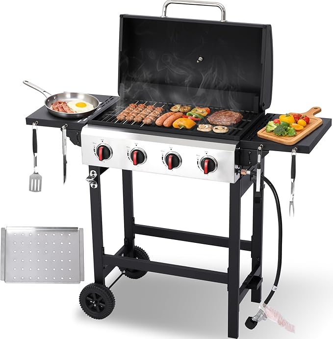 Propane Grill with Folding Side Tables, 4-Burner Gas Grill with Porcelain-Enameled Cast Iron Grates and Stainless Steel Grill Pan, 40,000 BTU BBQ Grill with Wheels for Outdoor Cooking