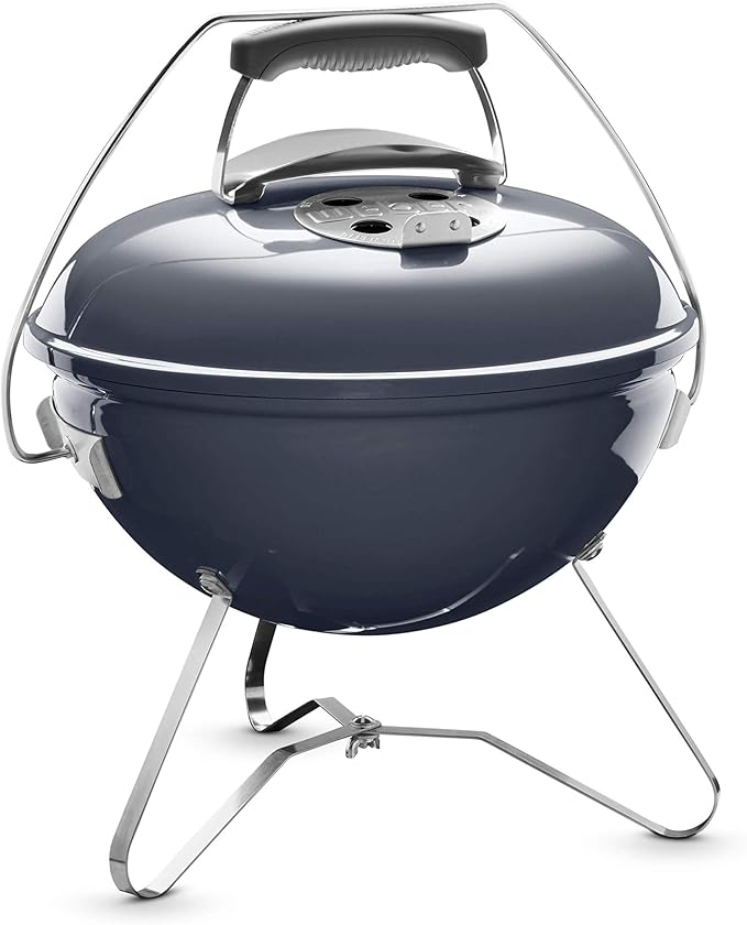 Weber Smokey Joe Premium Charcoal Grill Barbeque, 37cm | Portable BBQ Grill with Tuck-N-Carry Lid Cover & Plated Steel Legs | Folding Outdoor Cooker | Porcelain-Enamelled Bowl - Slate Blue (1126804)