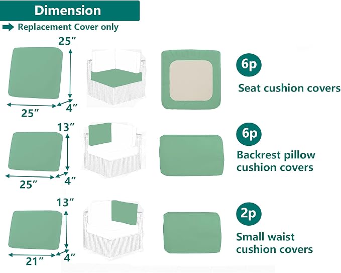 Outdoor Cushion Covers Replacement 14 Pcs, Bean Green | Patio Cushion Covers Fit for 7Pieces 6-Seater Wicker Rattan Sectional Couch Sofa, Outdoor Cushion Slipcovers Set