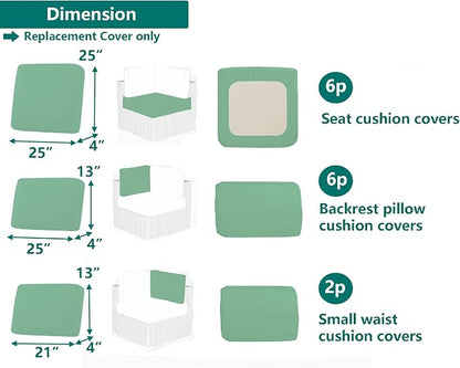 Outdoor Cushion Covers Replacement 14 Pcs, Bean Green | Patio Cushion Covers Fit for 7Pieces 6-Seater Wicker Rattan Sectional Couch Sofa, Outdoor Cushion Slipcovers Set