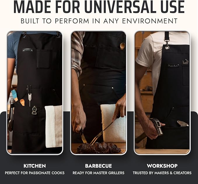Asaya Chef and BBQ Apron with Bottle Opener and Hand Towel - 10oz Cotton Canvas, Stainless Steel Hardware - Cross Back Straps