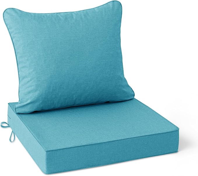 Summsun Faux Linen Outdoor Chair Cushions, Water Resistant Backrest and Seat Cushion Set with Removable Cover, Straps, Non-Slip Bottom for Patio Furniture, 19 x 19 Inch, Teal