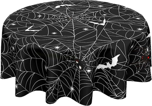 Sweetshow Halloween Spider Web Table Cloth Round Black and White Bat Tablecloth 70 Inch Decor Washable Stain and Wrinkle Resistant Round Table Cover for Dining Picnic