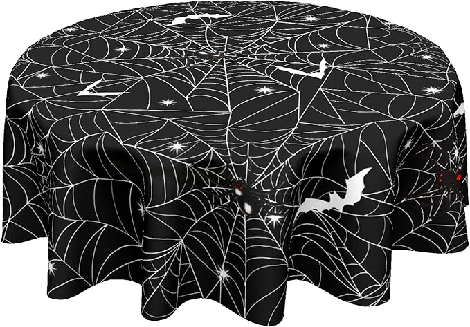 Sweetshow Halloween Spider Web Table Cloth Round Black and White Bat Tablecloth 60 Inch Decor Washable Stain and Wrinkle Resistant Round Table Cover for Dining Picnic