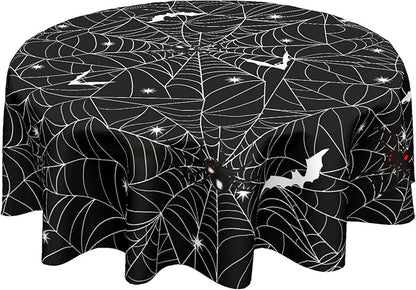 Sweetshow Halloween Spider Web Table Cloth Round Black and White Bat Tablecloth 60 Inch Decor Washable Stain and Wrinkle Resistant Round Table Cover for Dining Picnic