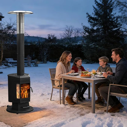 80" Premium Wood Pellet Patio Heater with Glass Window, Portable Pellet Heater with Wheel, Modern Fire Pit for Patio Backyard Garden Villa Outdoor Restaurant, 70,000BTU, FP058