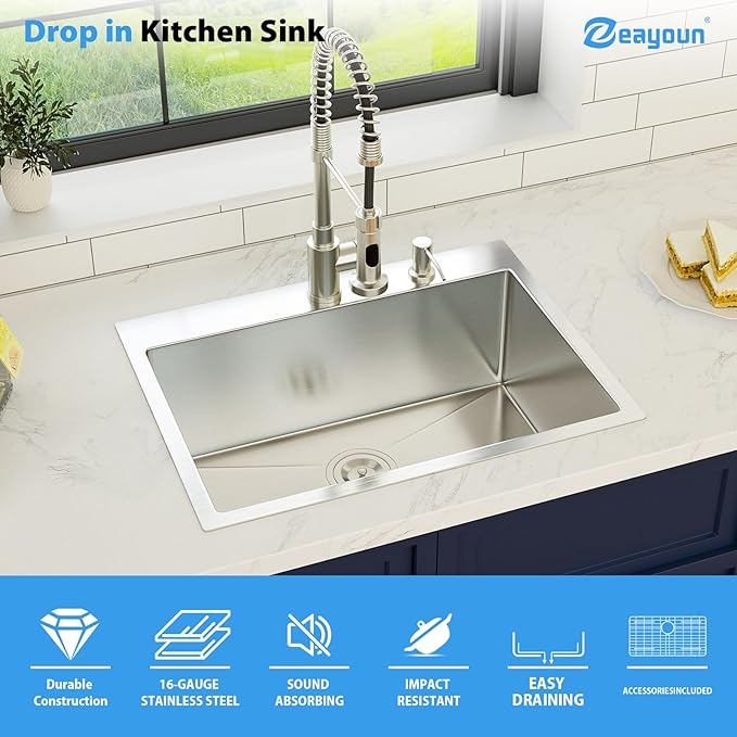 24 Inch Drop in Kitchen Sink 24x18 Drop in Kitchen Sink 16 Gague Topmount Stainless Steel Single Bowl Handmade Sinks Large Deep Basin 24"x18"x9"